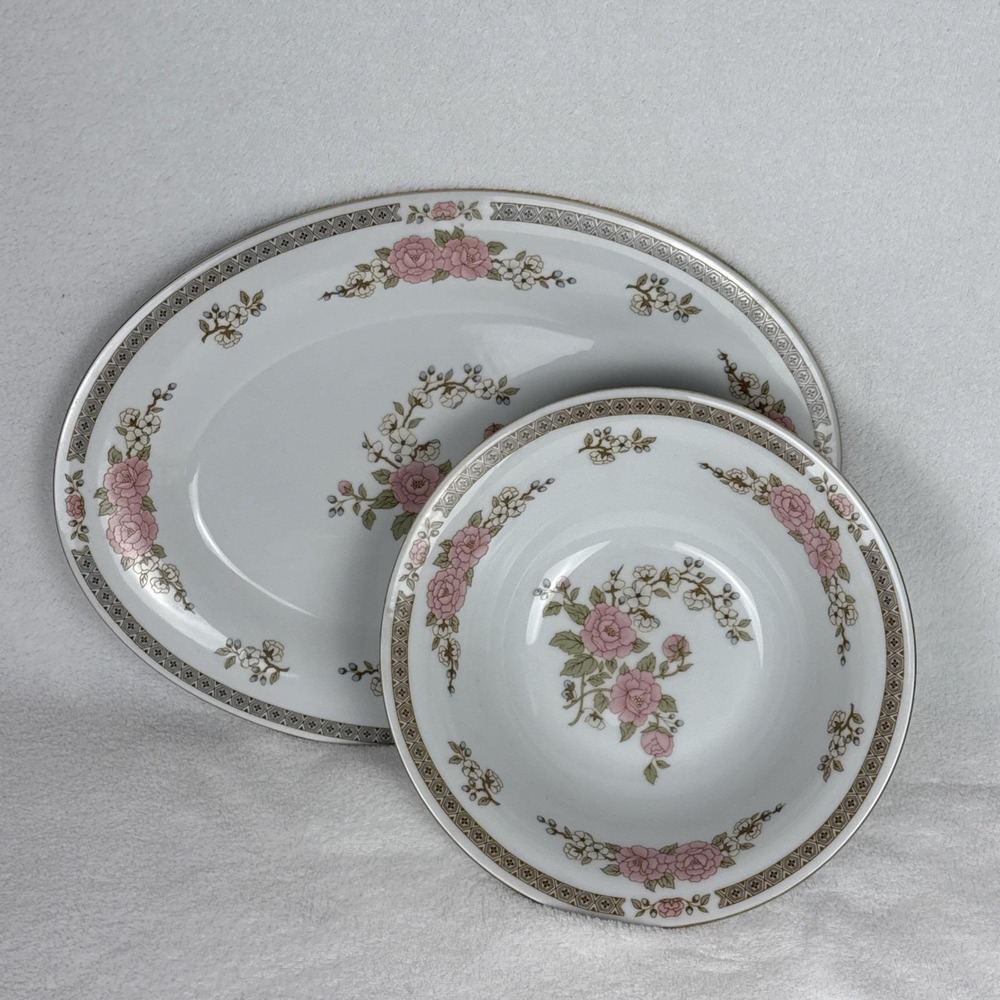 Fairfield Fine China Pink Floral Mist Yung Shen 14" Platter & 9" Bowl Vintage